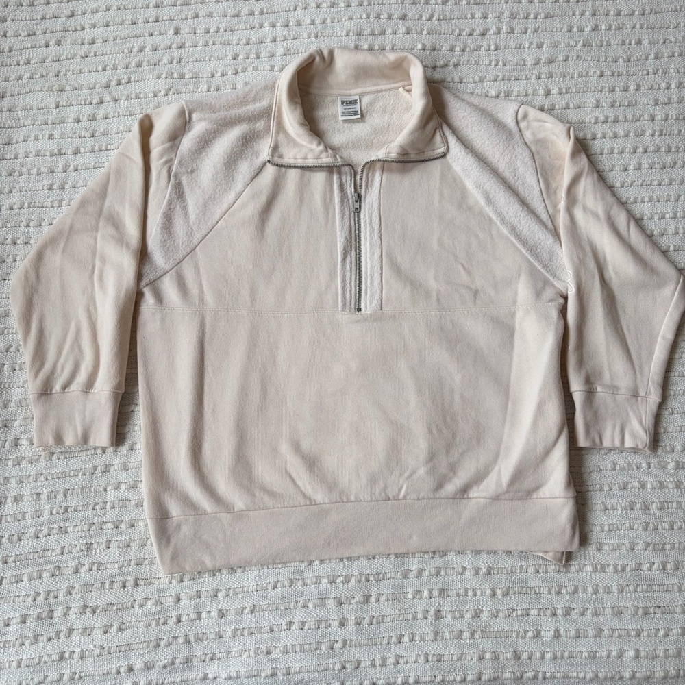 Victorias Secret PINK Cream Quarter Zip Fuzzy Embroidered Sweatshirt Large